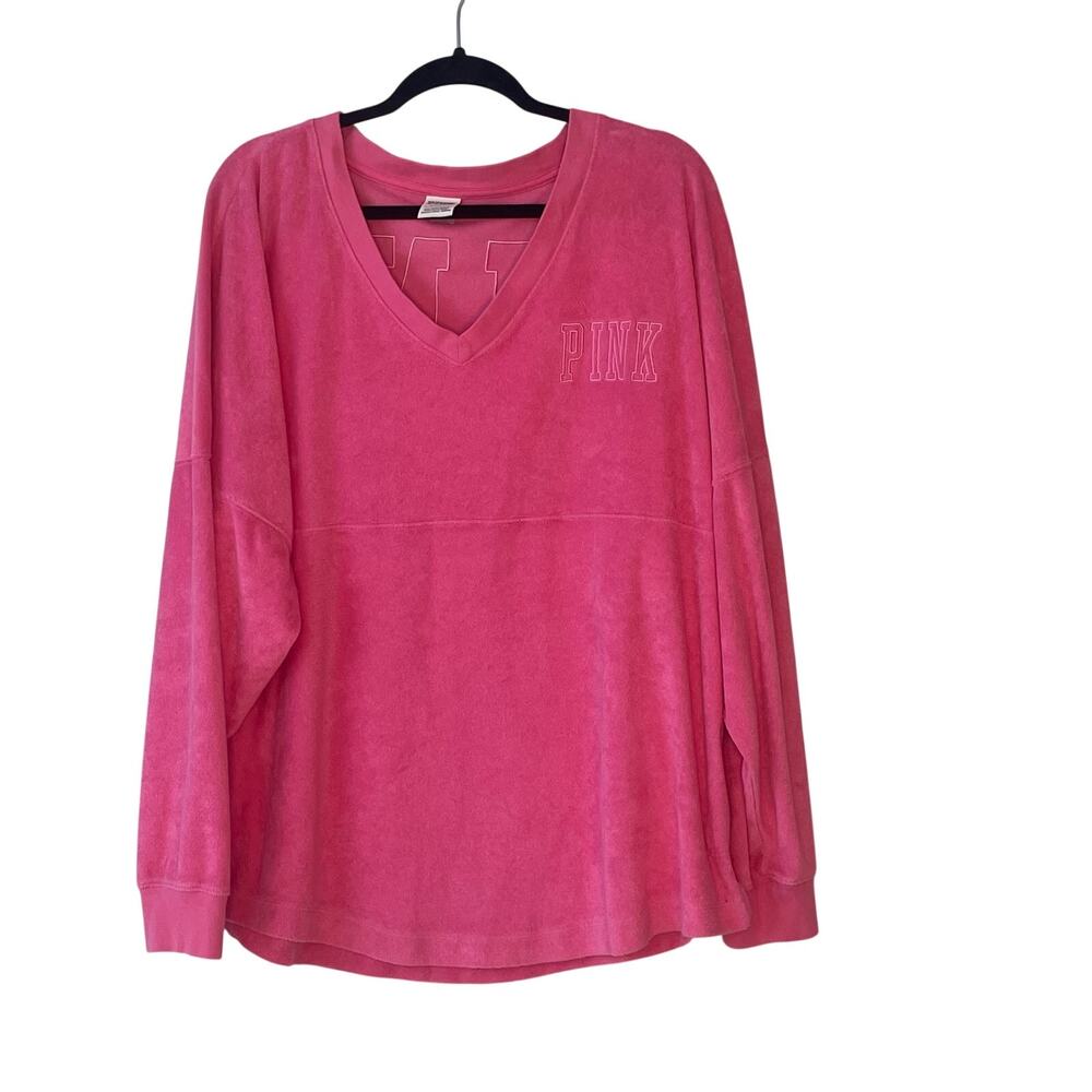 PINK Victoria’s Secret Terry Cloth V-Neck Pullover Sweatshirt Pink XL Oversized